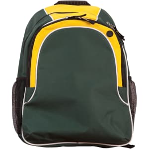 A green and yellow backpack with a zippered main compartment and mesh side pockets, featuring a logo.