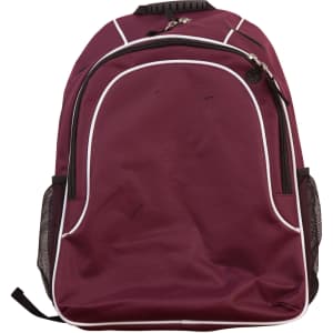 A burgundy backpack with white accents and mesh side pockets, featuring a zipper and a logo.