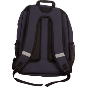 A navy backpack featuring padded adjustable straps, mesh side pockets, and a top handle. It includes branding on the surface.