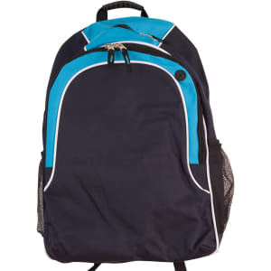 A navy and turquoise backpack featuring a zipper closure and mesh side pockets, with a logo on it.