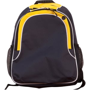 A dark blue backpack with yellow accents and mesh side pockets. It features a logo on the front.