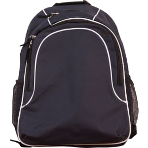 A navy blue backpack with white accents, featuring a zippered main compartment and mesh side pockets.