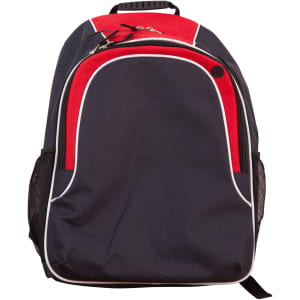 A navy and red backpack featuring a logo and mesh side pockets.