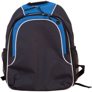 A dark grey backpack with blue accents and mesh side pockets, featuring a logo on the front.