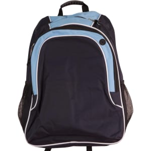 A navy blue and light blue backpack featuring a front pocket and mesh side pockets. It has a logo on it.