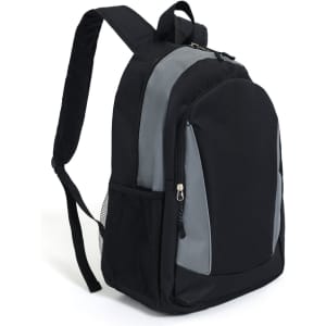 A black and grey backpack featuring zip compartments and a mesh side pocket, with adjustable straps.