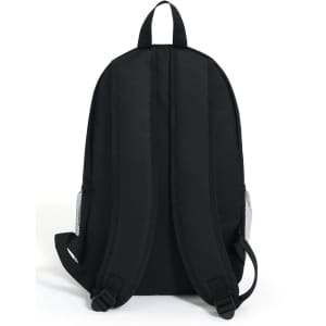 A black backpack with padded shoulder straps and mesh side pockets, featuring a logo on the front.