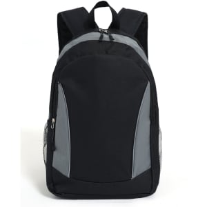 A black and grey backpack with padded shoulder straps and mesh side pockets. It features a logo on the front.
