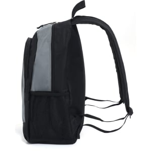 A black and grey backpack featuring a zip closure, adjustable straps, and a mesh side pocket.