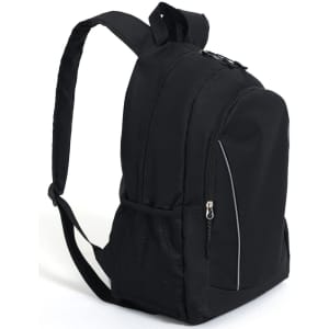 A black backpack featuring a zippered compartment and a mesh side pocket. It has adjustable shoulder straps and a logo.