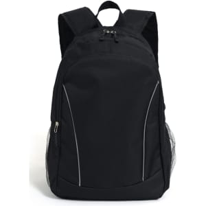 A black backpack featuring side pockets and a logo, designed for promotional use.