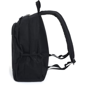 A black backpack featuring a zip closure, padded shoulder straps, and a mesh side pocket. It has a logo on it.
