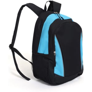 A black backpack with blue accents, featuring a zippered front pocket and mesh side pockets. It has adjustable straps.