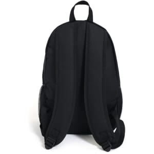A black backpack with padded straps and a sleek design, featuring side mesh pockets and a logo.