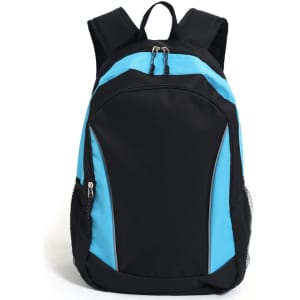 A black and blue backpack featuring a zippered front pocket and side mesh pockets, with a logo on it.