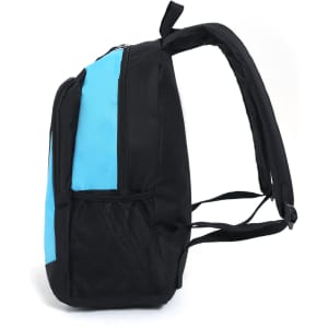 A black and blue backpack featuring a side mesh pocket and adjustable straps, with a logo present.