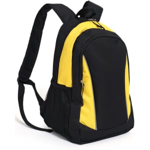 A black and yellow backpack with a zipper, side mesh pockets, and adjustable shoulder straps. It features a logo.