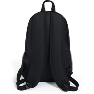 A black backpack featuring padded shoulder straps and a mesh pocket on the side, designed for comfort and functionality.