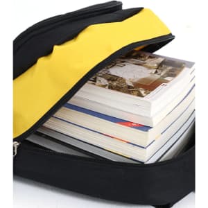 A black and yellow backpack unzipped with several stacked books visible inside. The backpack features a logo.