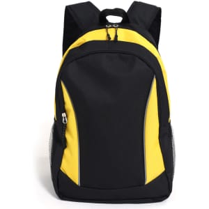 A black and yellow backpack with adjustable straps and a side mesh pocket. It features a zippered main compartment and a logo.