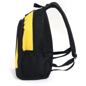 A black and yellow backpack with adjustable straps and a side mesh pocket. It includes branding details.