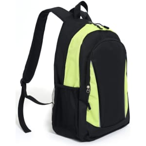 A black and lime green backpack with adjustable straps and a side mesh pocket. Features a zippered main compartment.