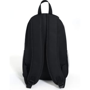 A black backpack featuring adjustable straps and mesh side pockets, with a logo visible.