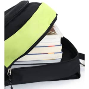 A black backpack with a bright lime green accent, partially unzipped, revealing stacked books inside.