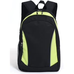 A black backpack with vibrant green accents and a side mesh pocket, featuring a logo.