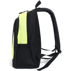 A black and neon yellow backpack with a zippered compartment and adjustable straps, featuring a mesh side pocket.