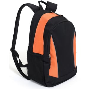 A black and orange backpack featuring a mesh side pocket and a logo. Suitable for promotional use.