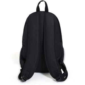A black backpack featuring padded shoulder straps and a mesh side pocket, with a logo on the front.