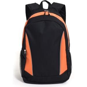 A black backpack with orange accents, featuring a zipped main compartment and mesh side pockets. It has a logo on it.