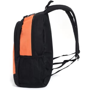 A black and orange backpack featuring a side mesh pocket and adjustable straps, with a logo prominently displayed.