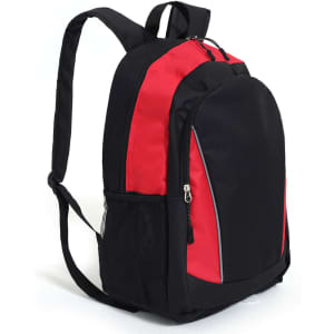 A black and red backpack with adjustable straps and a mesh side pocket. It features a zippered main compartment and a logo.