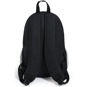 A black backpack with padded straps and mesh side pockets, featuring a sleek, minimalist design.