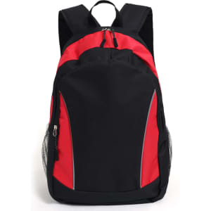 A black and red backpack featuring a logo, with adjustable straps and side mesh pockets.