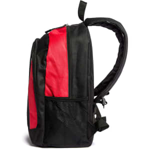 A black and red backpack featuring multiple zippered compartments and a mesh side pocket. It has adjustable straps and a branding logo.