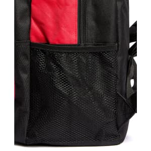 A black and red backpack featuring a mesh side pocket and zippers. It has a logo on the front.