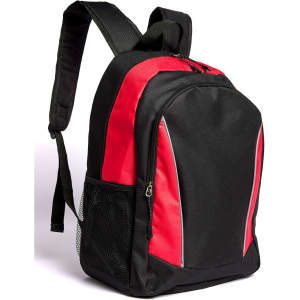 A black and red backpack featuring a mesh side pocket and a distinctive logo.