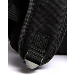 A close-up of a black backpack featuring a textured fabric and a metal buckle detail. The backpack has an integrated logo.