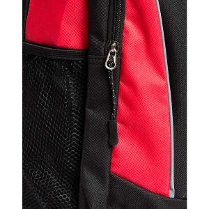 A black and red backpack featuring a zippered pocket and a mesh side pocket. It includes a logo.