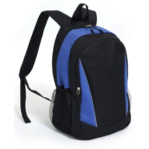 A black and blue backpack with adjustable straps and a mesh side pocket, featuring a logo on the front.