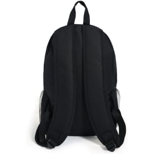 A black backpack featuring padded shoulder straps and mesh side pockets. It has a simple design and includes a logo.