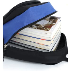 A black and blue backpack with a zippered opening, filled with several stacked books.