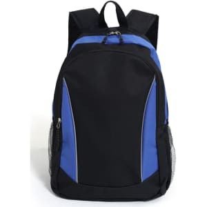 A black and blue backpack with adjustable straps and side mesh pockets. It features a logo on the front.