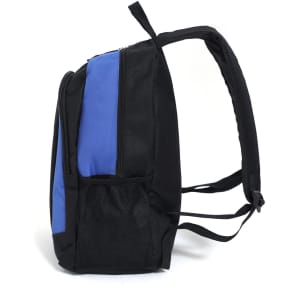A black and blue backpack with a side mesh pocket and padded shoulder straps. Features a logo on the front.