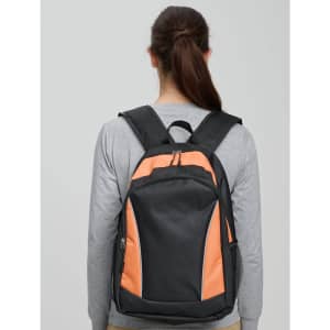 A black and orange backpack with padded shoulder straps and a zippered pocket on the front.