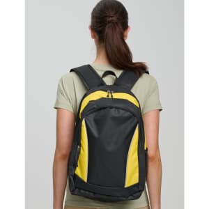 A black and yellow backpack with adjustable straps and a top handle, featuring a logo on the front.