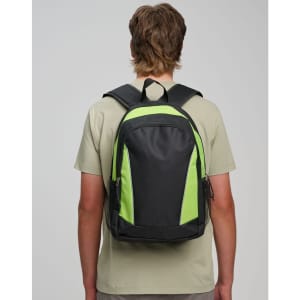 A black and green backpack with a logo, worn on the back of a person, featuring two shoulder straps.